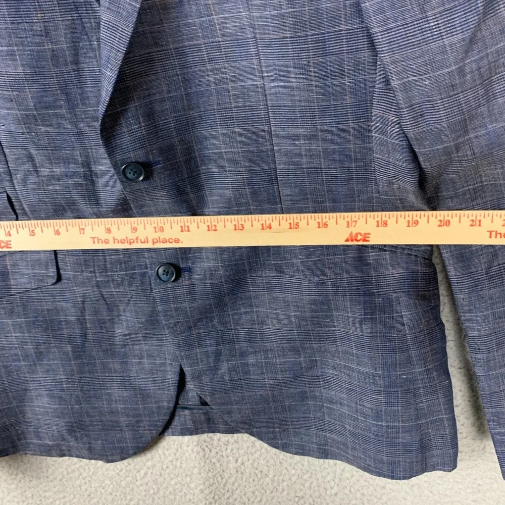Egara Blazer 100% Linen Windowpane Plaid Navy‎ Unlined Two Button Sport Coat